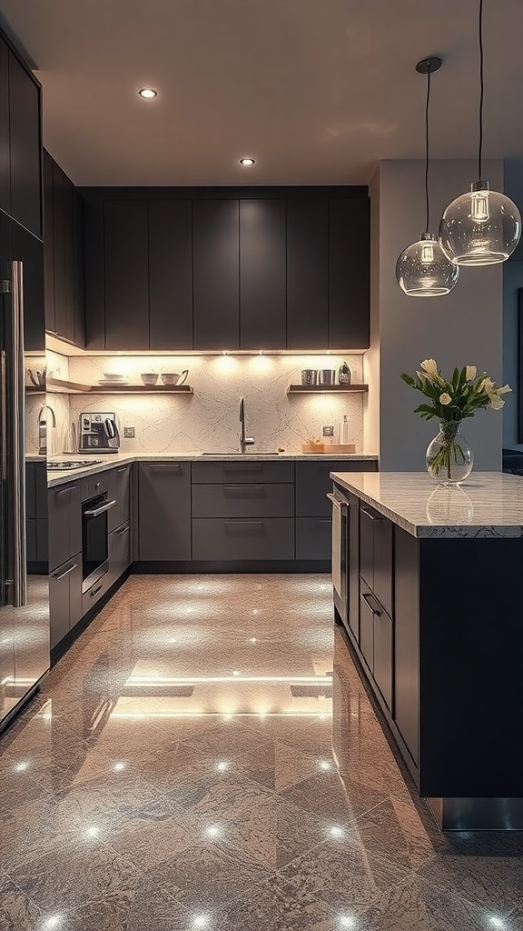 A modern kitchen featuring rustic epoxy floor finishes with blue cabinets and wooden shelves.