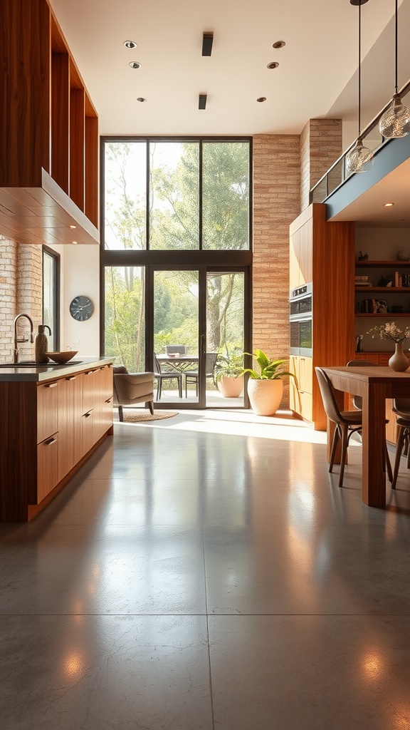 A modern kitchen featuring polished concrete flooring, large windows, and warm wood cabinetry, showcasing rustic charm.