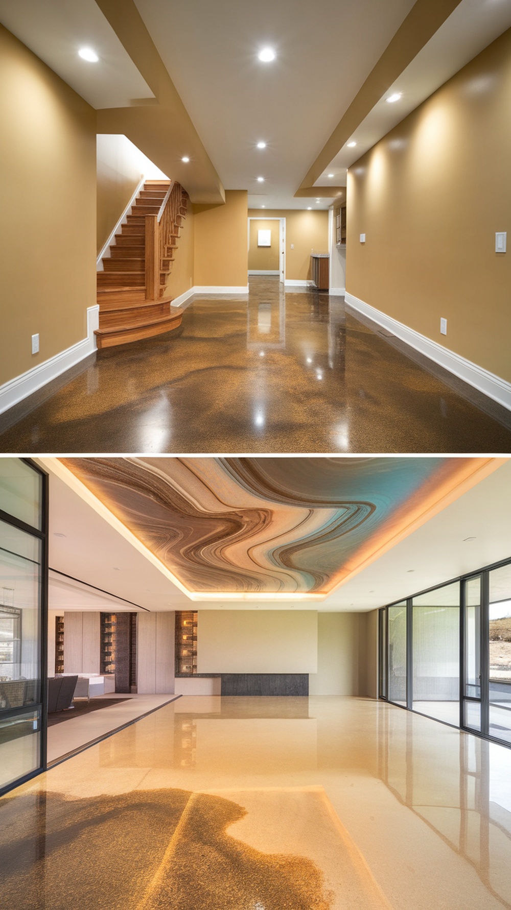 Two images showcasing stained concrete floors in a basement and a modern living space.