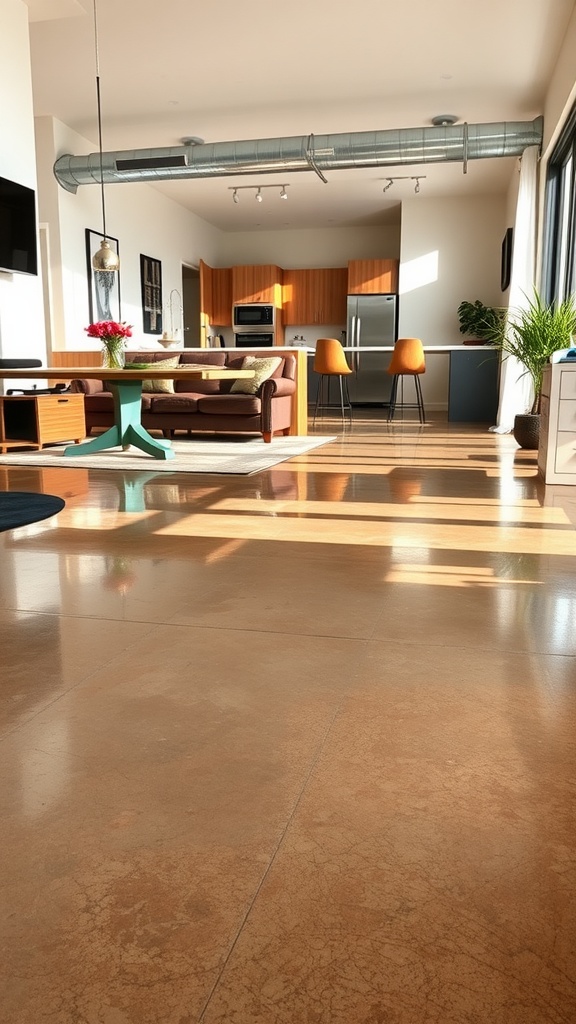 An interior view of a modern home featuring stained concrete floors, natural light, and stylish furnishings.