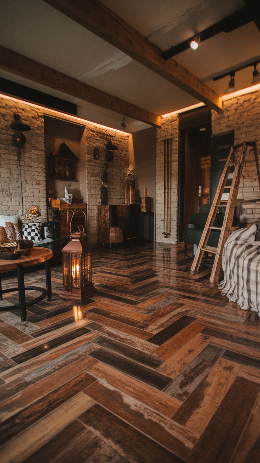 Interior with herringbone stamped concrete flooring resembling wood, featuring rustic decor elements.