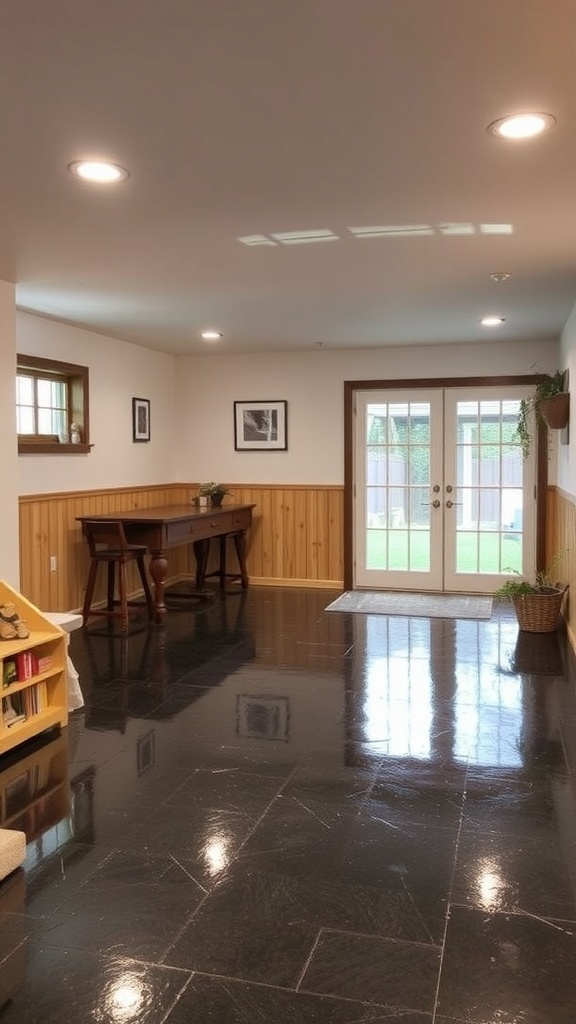 A stylish basement with wood-look epoxy flooring and a sleek black car.