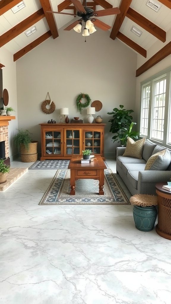 A rustic chic living room with chevron pattern epoxy flooring, featuring warm wooden tones and modern decor.