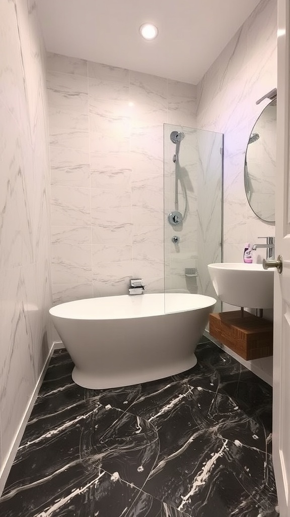 A modern bathroom featuring a rustic concrete-look epoxy floor, elegant fixtures, and warm wood accents.