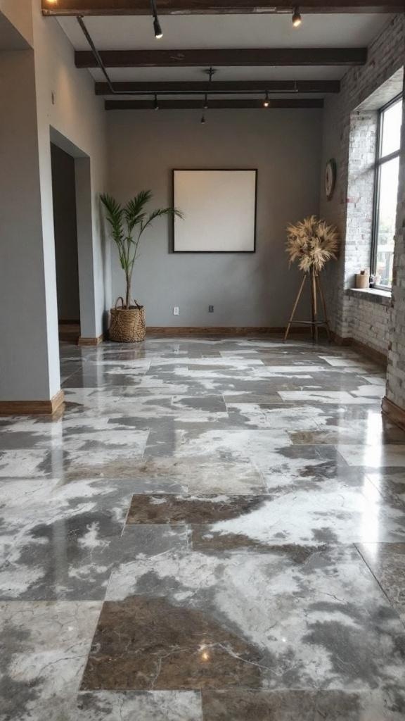 A beautifully designed room featuring rustic concrete look epoxy flooring with earthy tones.