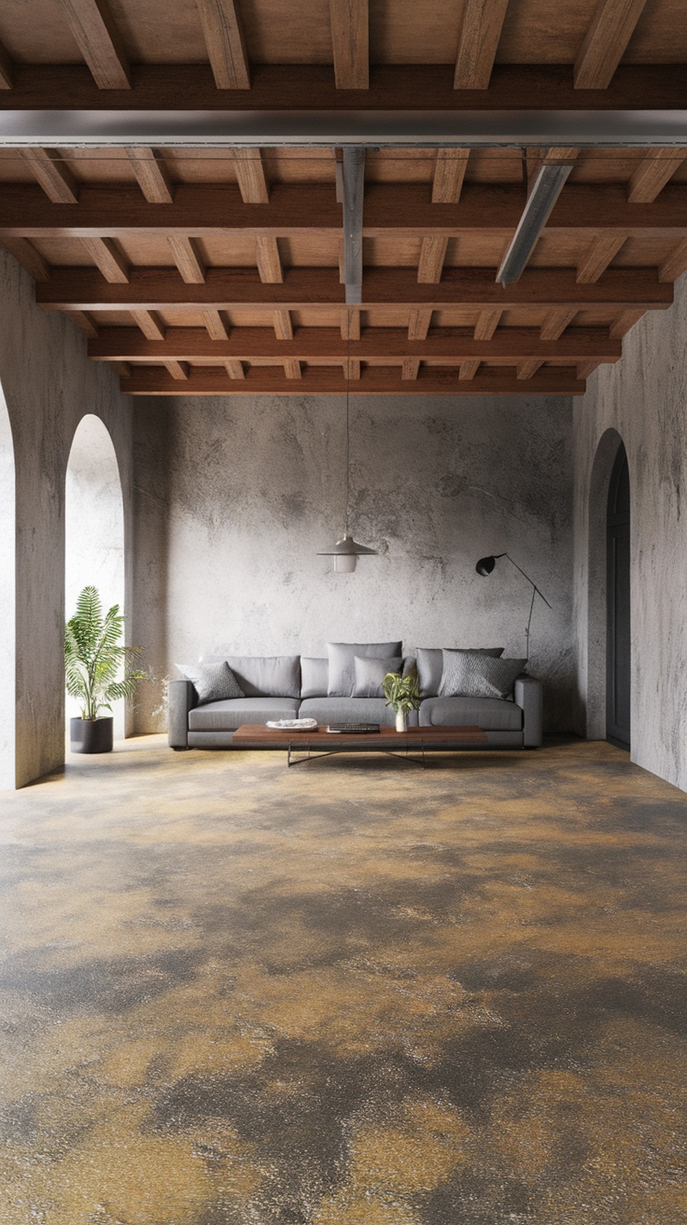 A rustic interior with a gray sofa and a warm-toned epoxy floor, featuring a wooden ceiling.