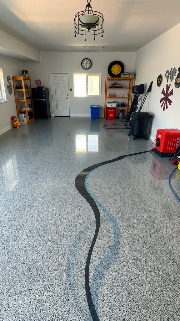 A spacious garage with a rustic concrete floor and wooden accents.
