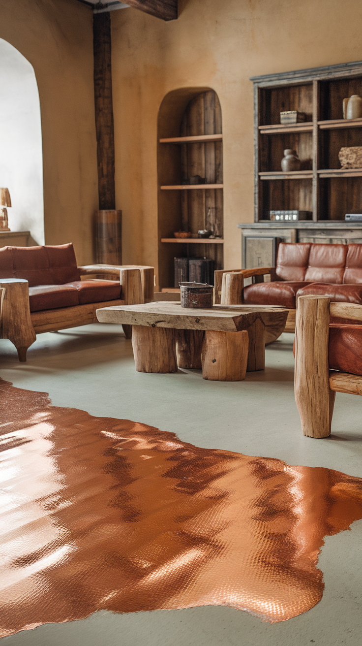 Living room with rustic copper epoxy floor and wooden furniture