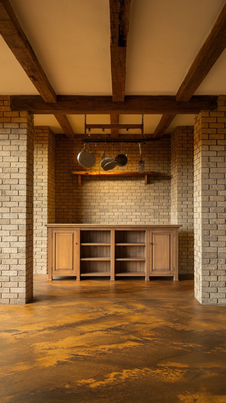 A rustic kitchen featuring a stained concrete floor in warm earth tones, wooden cabinetry, and exposed wooden beams.