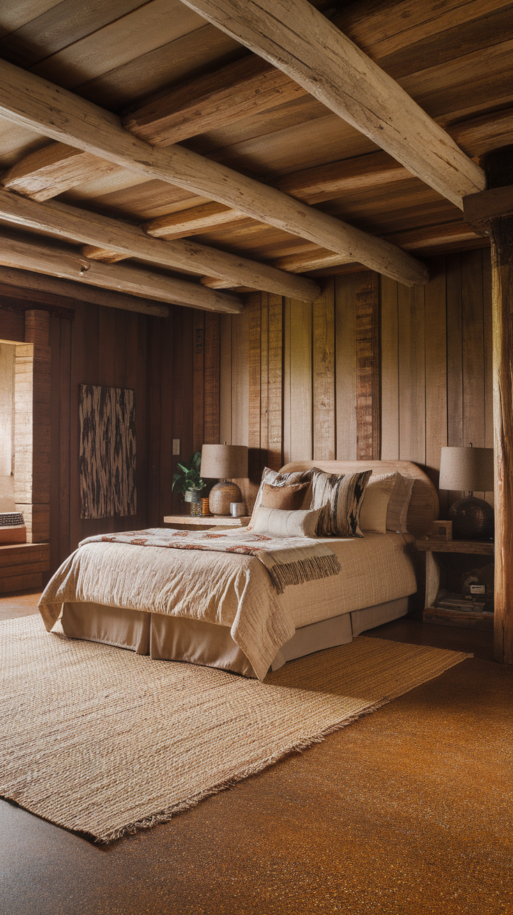 Cozy bedroom with rustic earth tones and natural finish epoxy flake flooring.