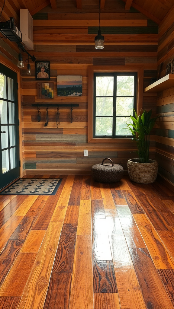 A cozy room featuring reclaimed wood walls, warm wooden floors, and a touch of greenery.