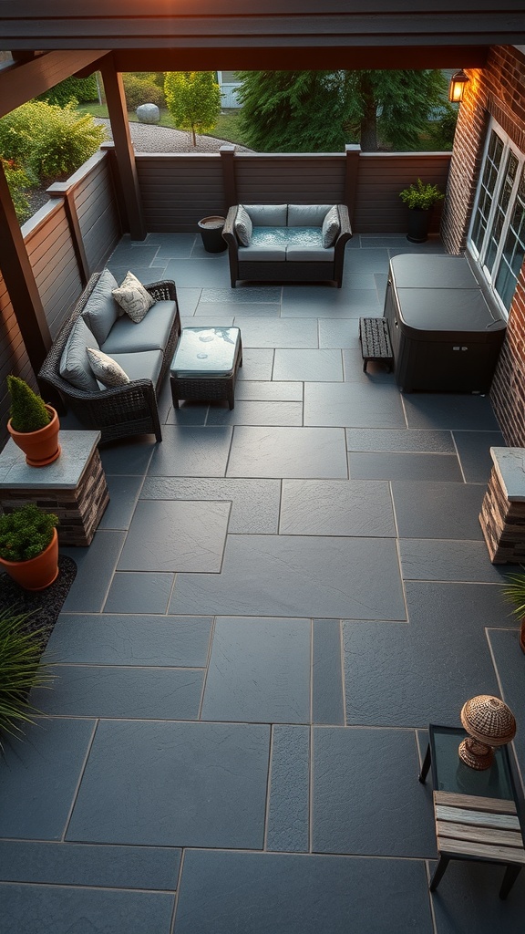 A cozy outdoor patio with dark gray stamped concrete flooring, comfortable seating, and a hot tub.