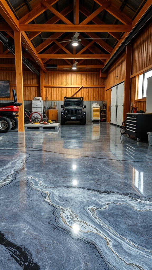 A rustic barn featuring shiny epoxy flooring with a mix of gray and black patterns.