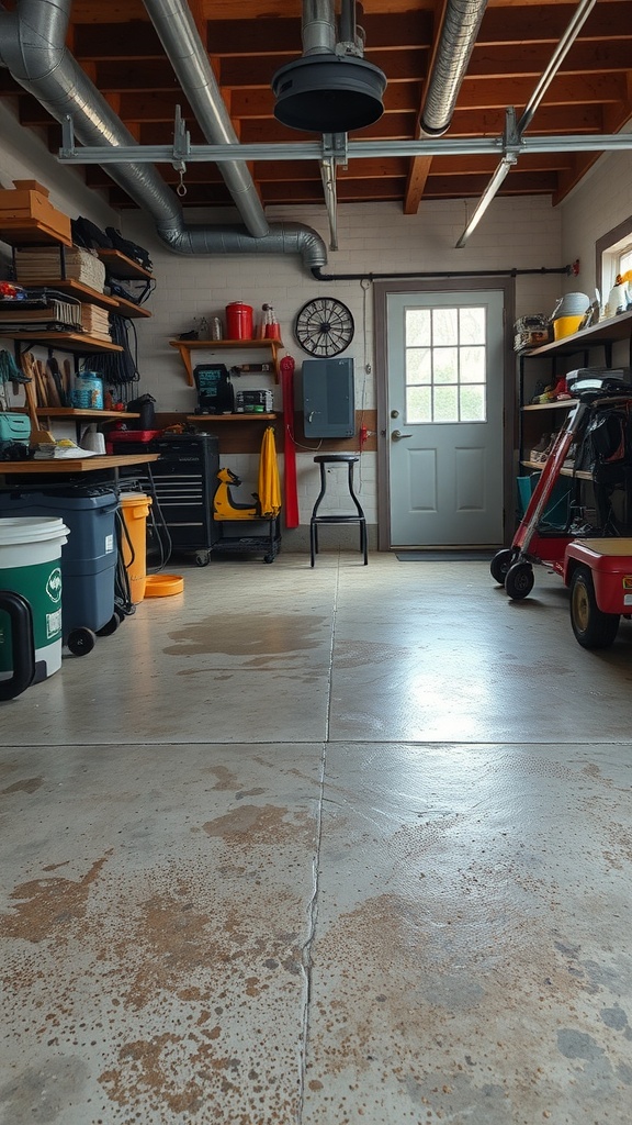 A spacious garage with a rustic design and organized tools.