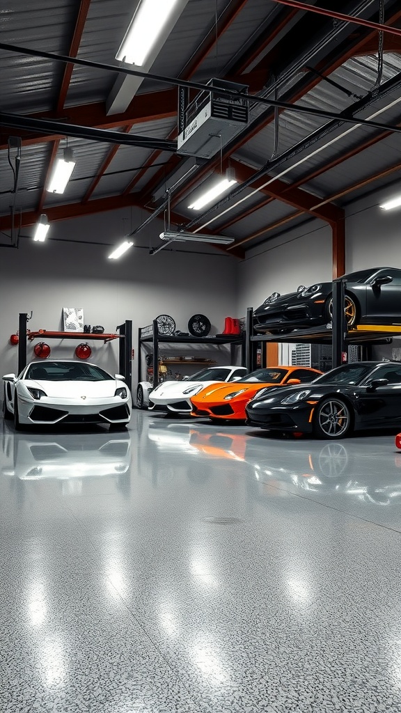 Stylish garage interior featuring vintage cars with a sleek epoxy floor.