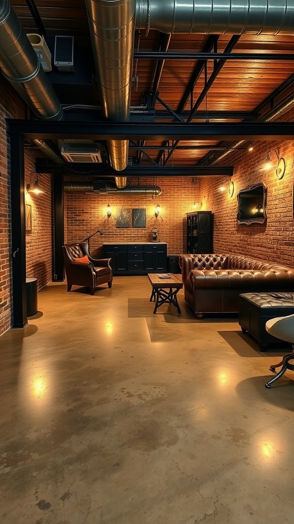 A stylish basement with marble epoxy flooring, wooden table, and exposed brick wall.
