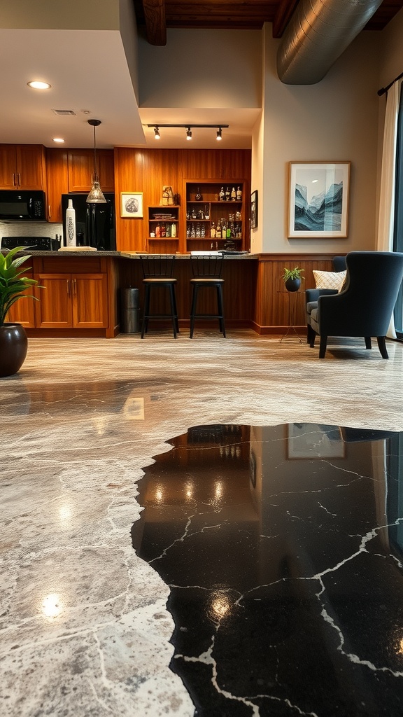 A rustic epoxy floor with a marble-style finish in a modern home bar setting.