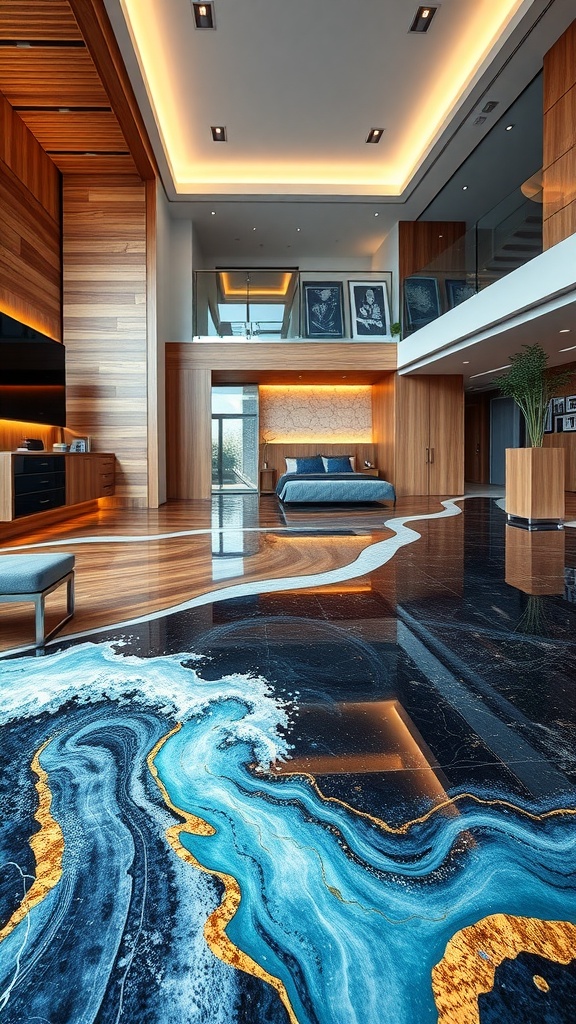 A spacious interior featuring a rustic epoxy floor with a wood grain finish, complemented by modern decor.
