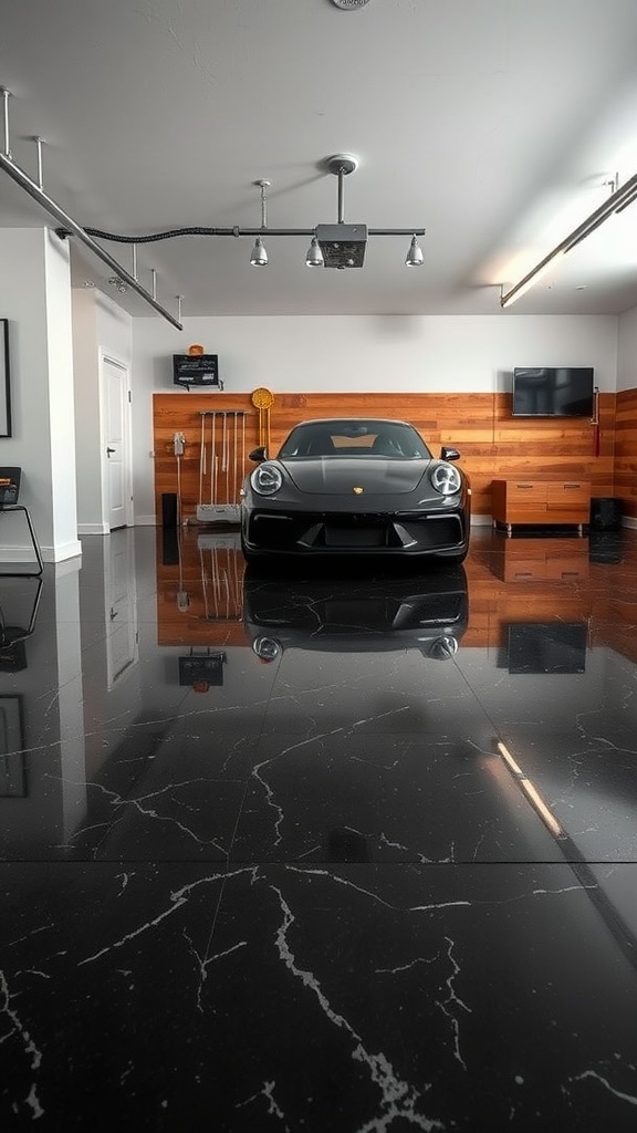 A garage featuring a sleek black marble epoxy floor and warm wood accents on the walls, showcasing a modern and cozy atmosphere.