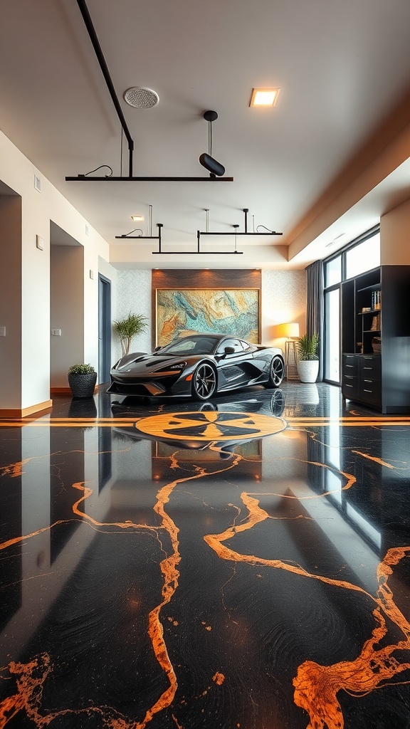 Stunning rustic epoxy flooring with black and orange veining, featuring a sleek car in a modern interior setting.