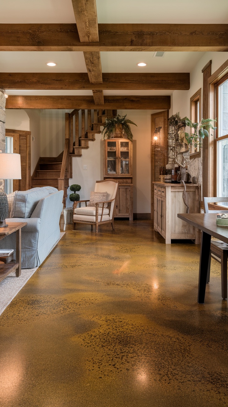 A cozy living space with rustic decor, featuring epoxy flake flooring in earthy tones.