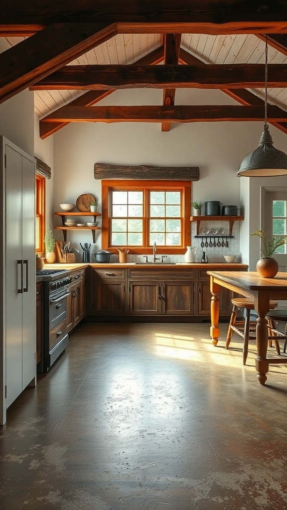 A rustic farmhouse kitchen featuring distressed concrete floors, wooden cabinets, and large windows.