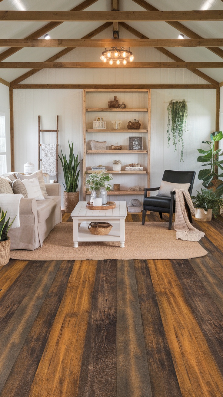 Cozy living room with epoxy flooring, showcasing rustic farmhouse decor.