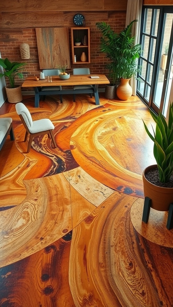 A kitchen showcasing rustic farmhouse epoxy floors with a 3D design of koi fish over a dark surface.