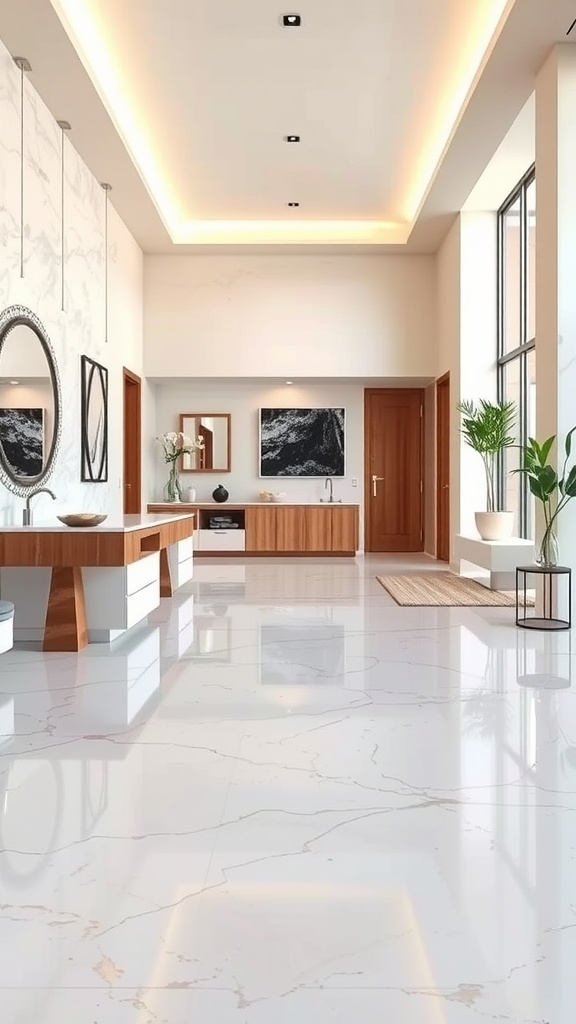 A modern interior featuring marble epoxy flooring with rustic elements.