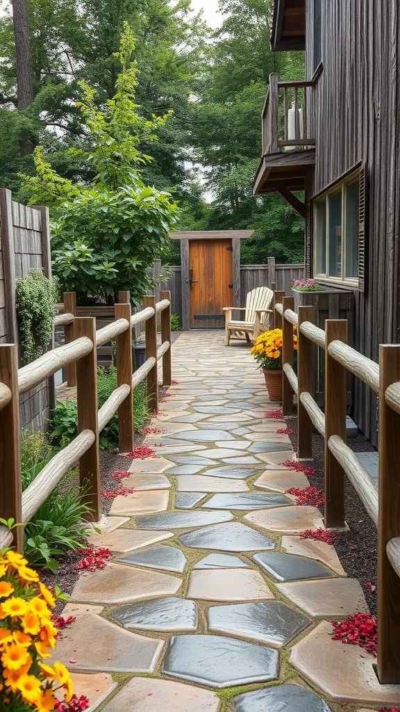 A rustic farmhouse style epoxy pathway lined with flowers and plants.