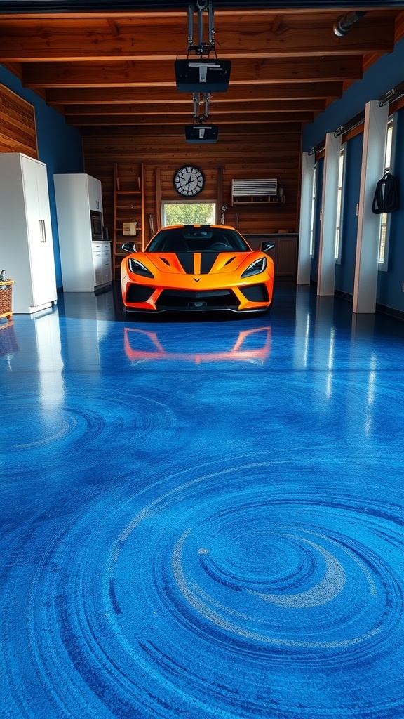 A garage with a vibrant blue epoxy floor and an orange sports car, showcasing rustic farmhouse vibes.