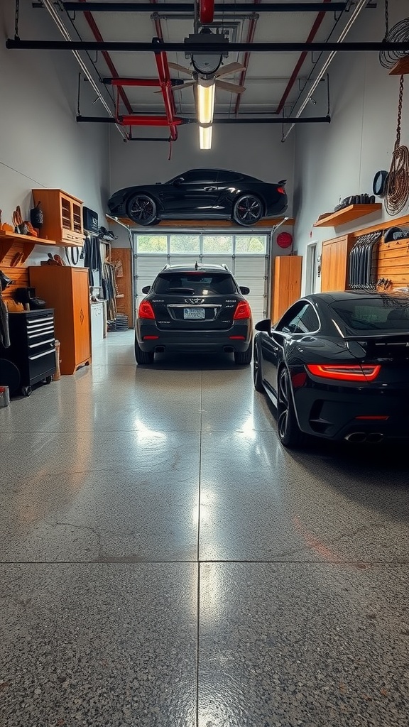 A polished speckled epoxy garage floor with sleek cars parked inside, surrounded by modern storage solutions.