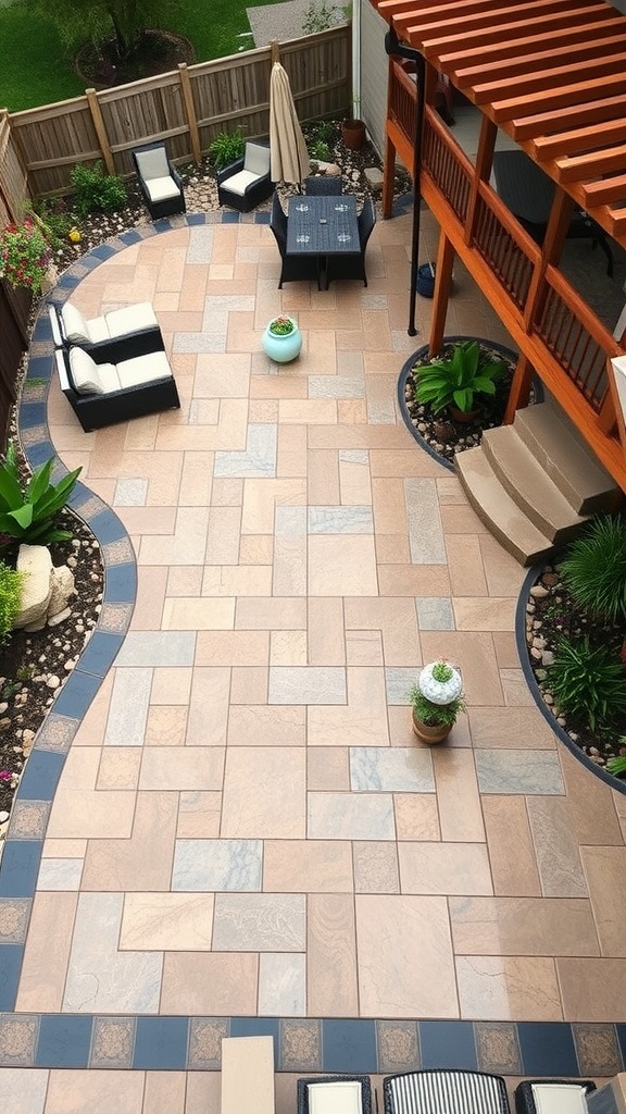 A rustic stamped concrete patio with a wooden deck, featuring a bold border design and lush greenery.