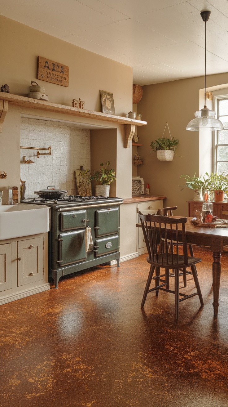 Cozy farmhouse kitchen with rustic flake flooring, green stove, and wooden furniture