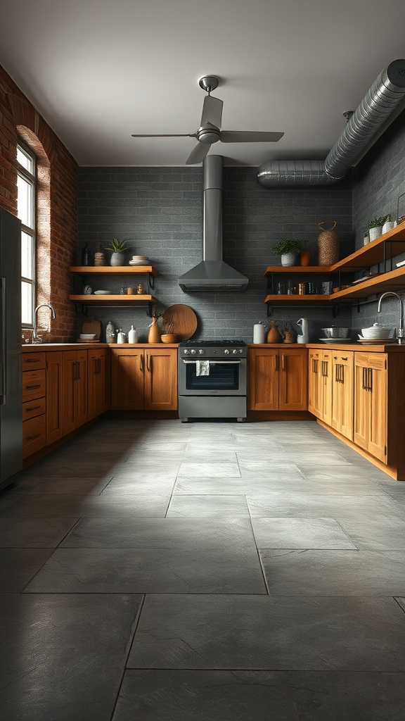 A modern kitchen featuring distressed concrete floors and wooden cabinets.