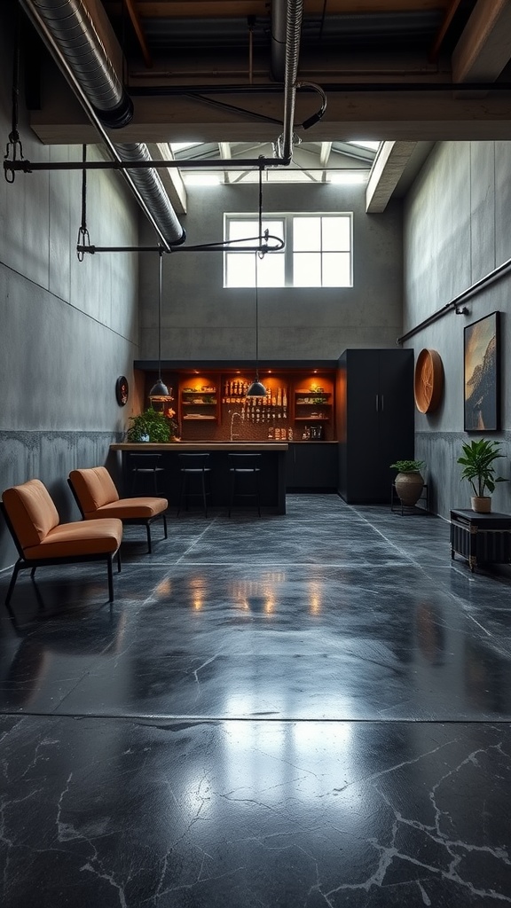 Modern basement interior featuring dark epoxy floor, black ceiling, and stylish furniture.