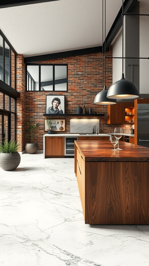 A rustic kitchen with exposed brick walls and a stylish epoxy floor, featuring a kitchen island and modern decor.