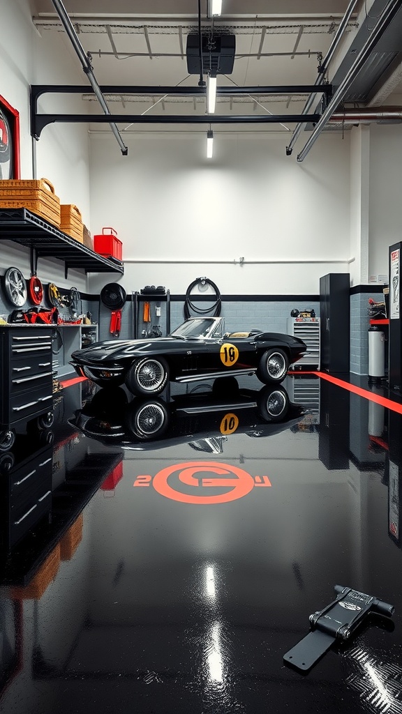 A stylish black epoxy garage floor with a classic car, showcasing an industrial design.