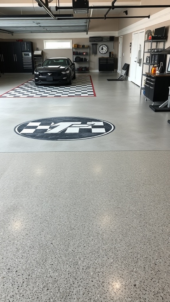 A modern garage with sleek epoxy flooring, featuring a checkered pattern and organized storage.