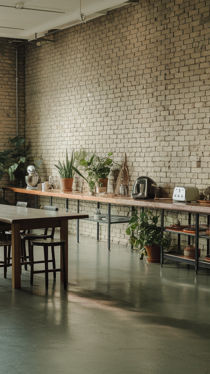 A spacious kitchen with rustic industrial style epoxy flooring and an exposed brick wall.