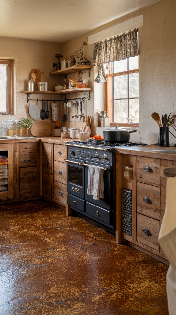 A rustic kitchen featuring wooden cabinets, a black stove, and a textured flake floor design.