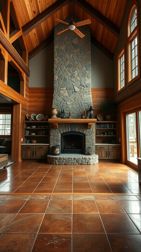 Interior of a rustic lodge showing a stone fireplace and wooden beams