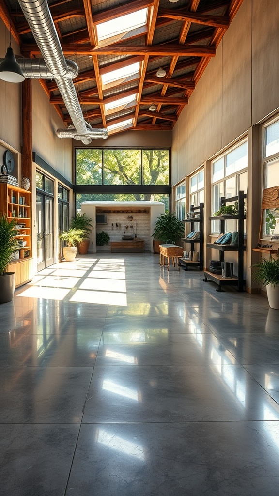 A spacious interior with polished concrete floors, wooden ceiling beams, and large windows, showcasing a blend of rustic and modern design.