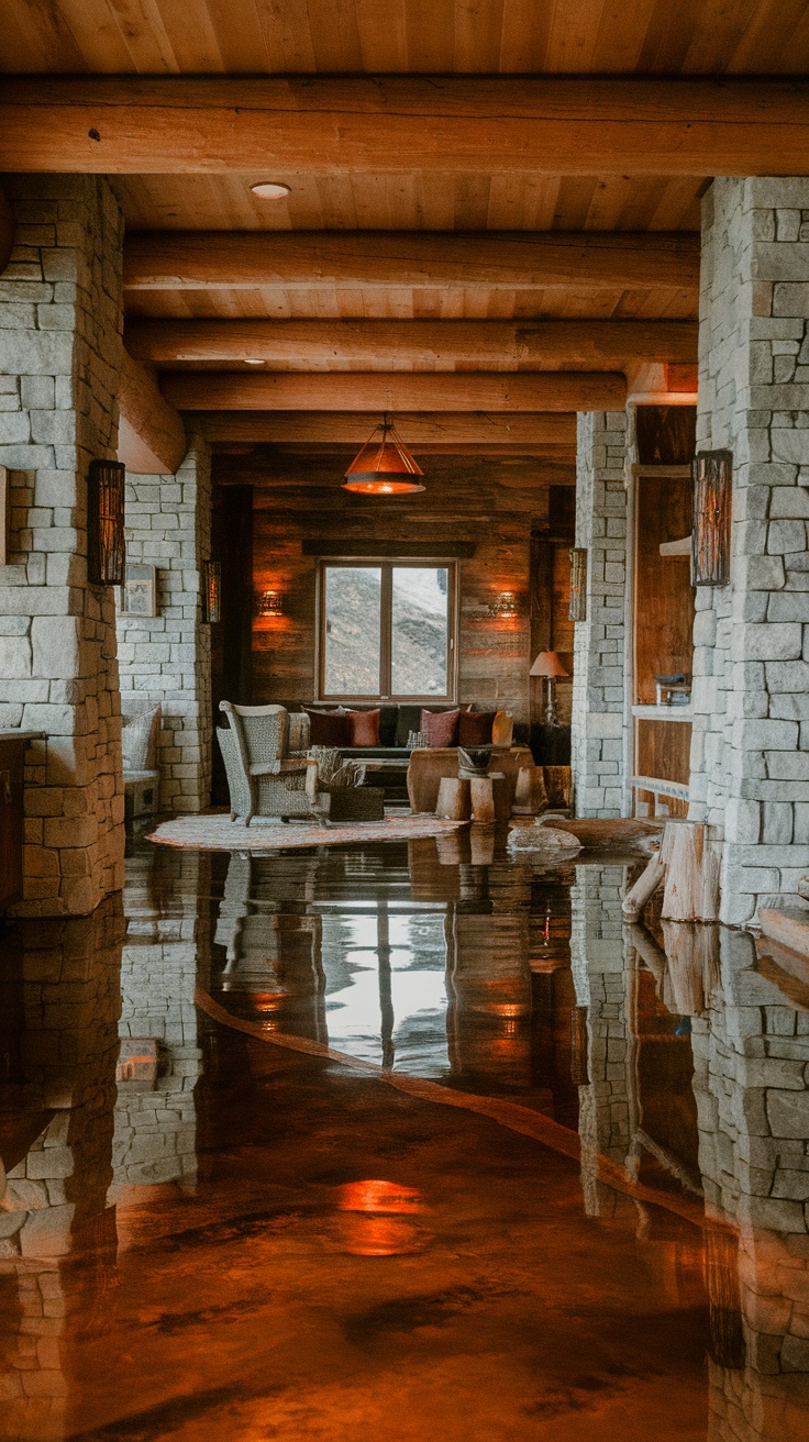 A rustic lodge interior showcasing wooden beams, stone walls, and polished epoxy flooring.
