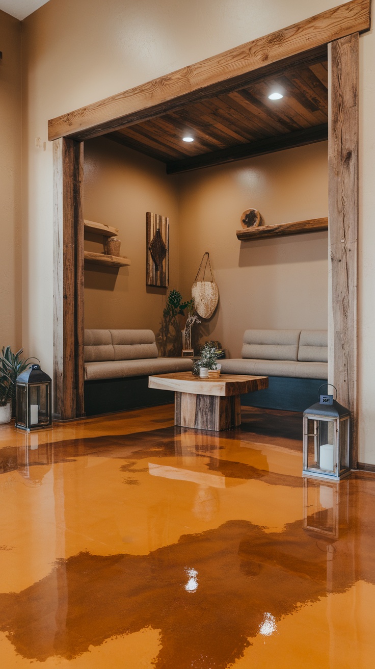 Interior view showcasing an epoxy floor with a rustic orange and brown color palette, featuring wooden furniture and decor.