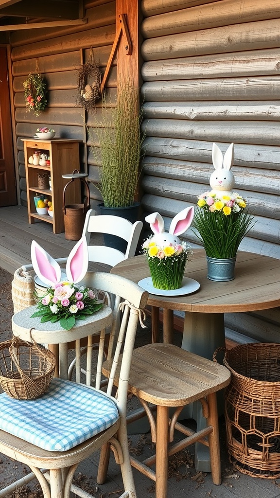 Rustic outdoor Easter decorations with bunny figurines, flower pots, and wooden furniture