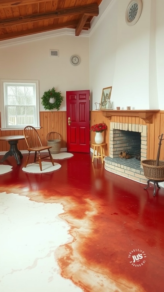 An interior with rustic red and creamy white epoxy flooring, featuring wooden accents and a cozy atmosphere.