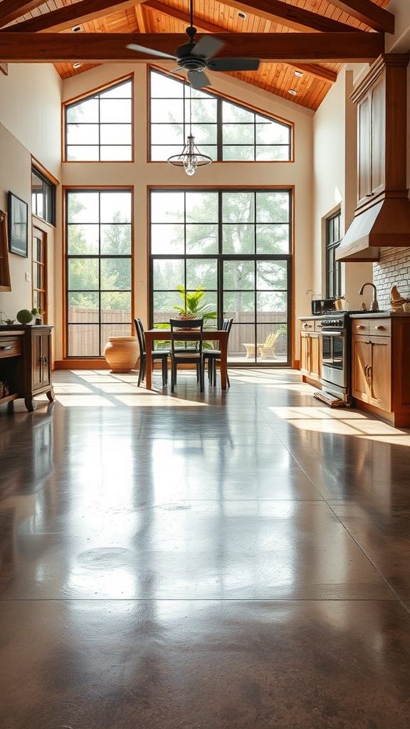 A spacious room with large windows and stained concrete flooring, featuring wooden accents.
