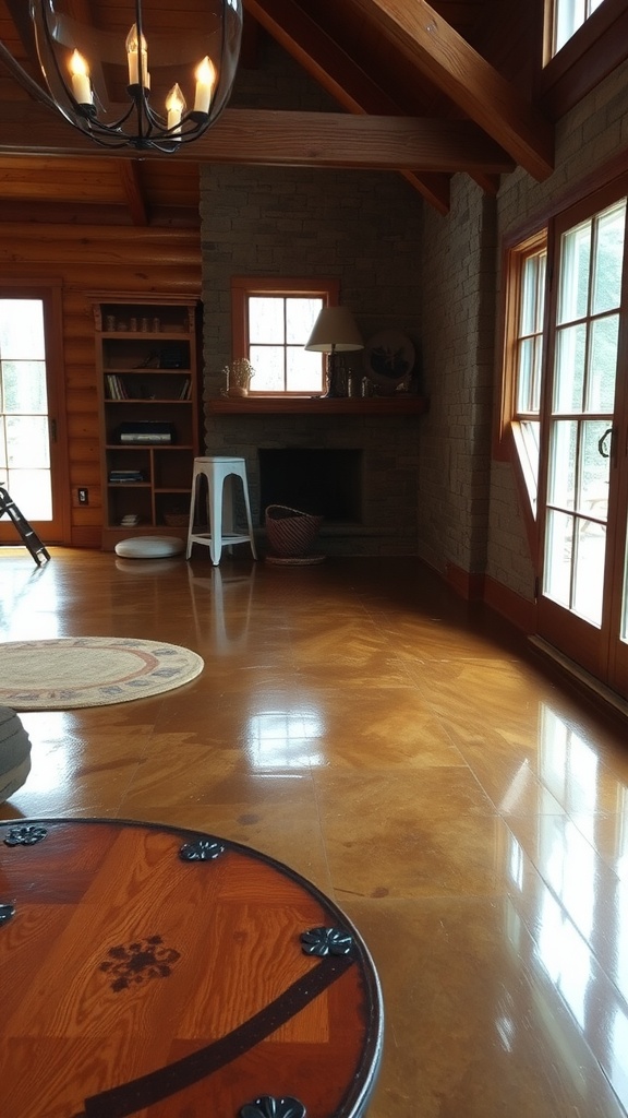 A rustic stained concrete floor resembling wood in a log cabin interior