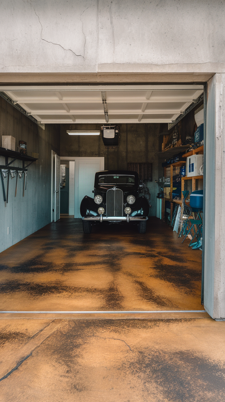 A garage with a rustic stained epoxy floor and a vintage black car